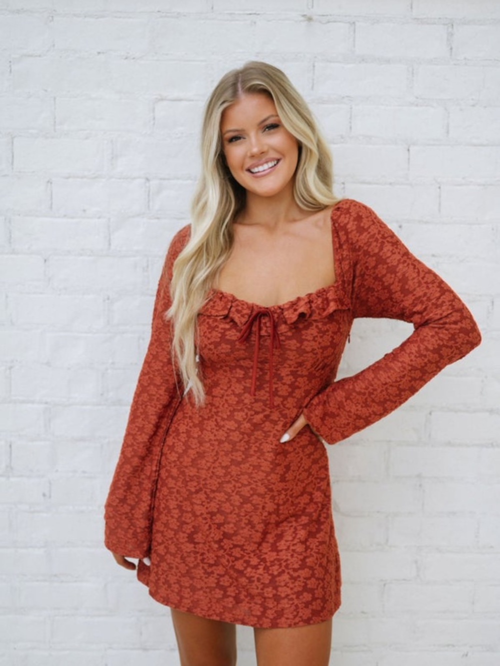 These Three Boutique Valerie Women's Rust Floral Long-Sleeve Mini Dress Size Med